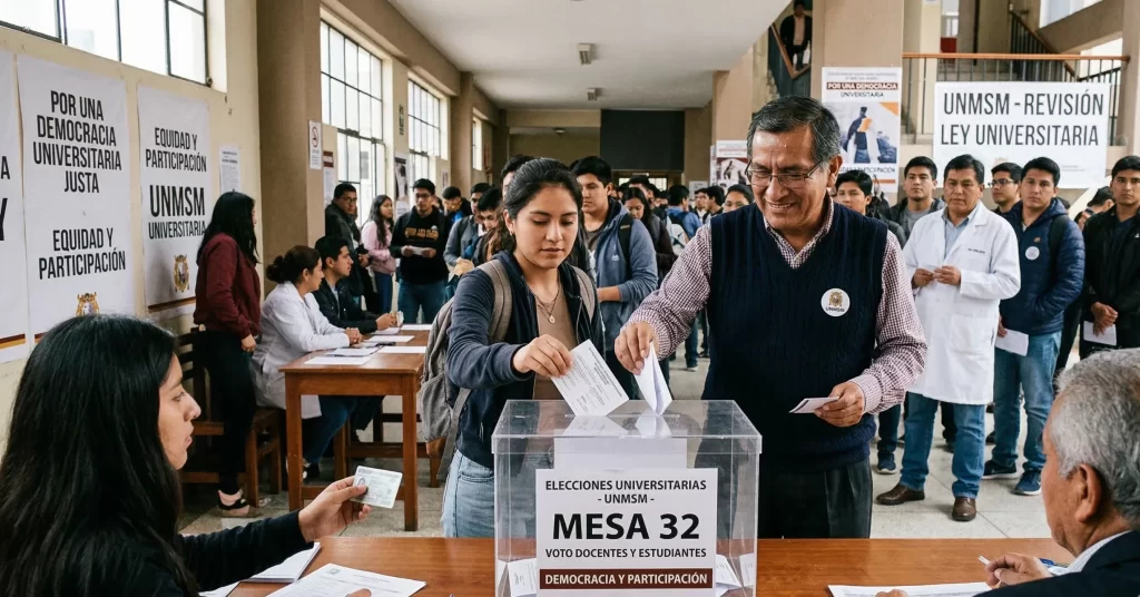 Alumnos y docentes votando en las elecciones de autoridades como pares. La democracia universitaria.
