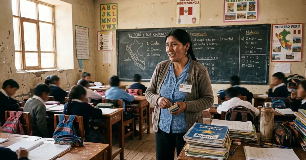 Capacitación docente en Perú reflejada en la realidad de una profesora que busca mejorar mientras enfrenta una carga laboral exigente.